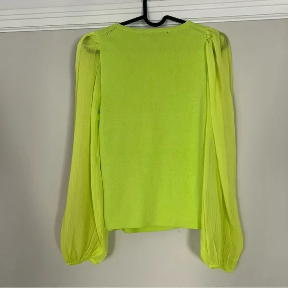 NWT French Connection Mozart Melody Mix V-Neck Jumper Lime Green Balloon Sleeves - Picture 4 of 9
